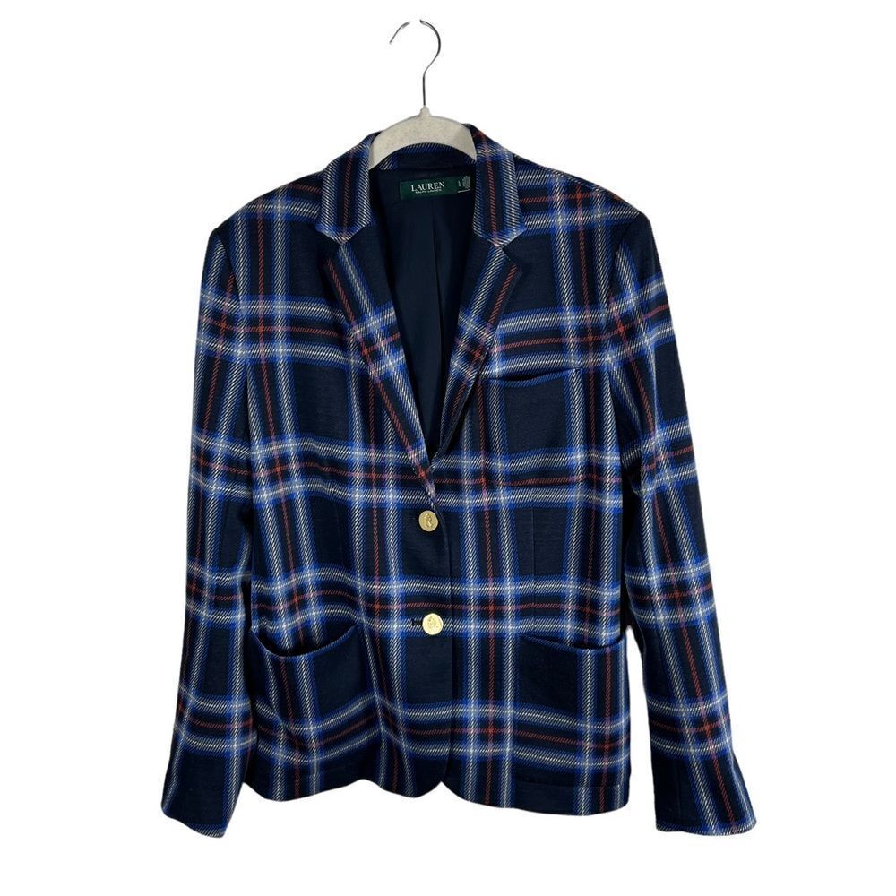 Lauren Ralph Lauren Navy Blue Plaid Blazer | Gold Logo Engraved Buttons - Picture 2 of 10